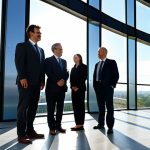 A diverse group of professional architects and engineers, fully clothed in modest business attire, stand in a bright, modern, high-rise building lobby. Sunlight streams through large, transparent solar windows that seamlessly integrate into the futuristic design, showcasing building-integrated photovoltaics (BIPV). The city skyline outside features additional buildings with elegant, integrated solar facade panels. The scene emphasizes clean energy and sustainable urban development. Perfect anatomy, correct proportions, natural poses, well-formed hands, proper finger count, professional photography, high quality, safe for work, appropriate content, fully clothed, family-friendly.