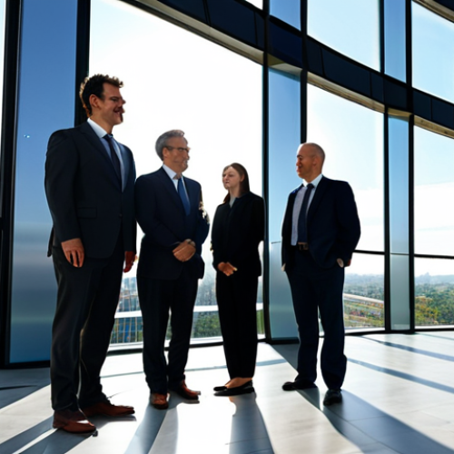A diverse group of professional architects and engineers, fully clothed in modest business attire, stand in a bright, modern, high-rise building lobby. Sunlight streams through large, transparent solar windows that seamlessly integrate into the futuristic design, showcasing building-integrated photovoltaics (BIPV). The city skyline outside features additional buildings with elegant, integrated solar facade panels. The scene emphasizes clean energy and sustainable urban development. Perfect anatomy, correct proportions, natural poses, well-formed hands, proper finger count, professional photography, high quality, safe for work, appropriate content, fully clothed, family-friendly.