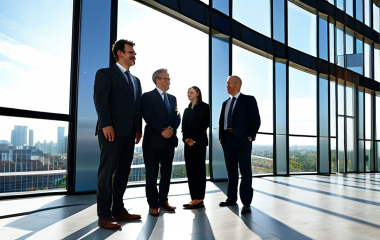 A diverse group of professional architects and engineers, fully clothed in modest business attire, stand in a bright, modern, high-rise building lobby. Sunlight streams through large, transparent solar windows that seamlessly integrate into the futuristic design, showcasing building-integrated photovoltaics (BIPV). The city skyline outside features additional buildings with elegant, integrated solar facade panels. The scene emphasizes clean energy and sustainable urban development. Perfect anatomy, correct proportions, natural poses, well-formed hands, proper finger count, professional photography, high quality, safe for work, appropriate content, fully clothed, family-friendly.